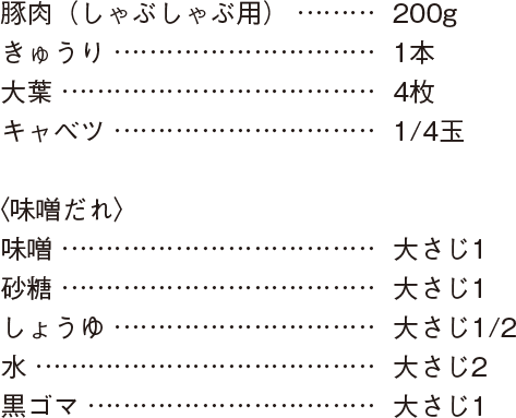 豚肉（しゃぶしゃぶ用） 200g きゅうり 1本 大葉 4枚 キャベツ 1/4玉 〈味噌だれ〉 味噌 大さじ1砂糖 大さじ1 しょうゆ 大さじ1/2 水 大さじ2 黒ゴマ 大さじ1