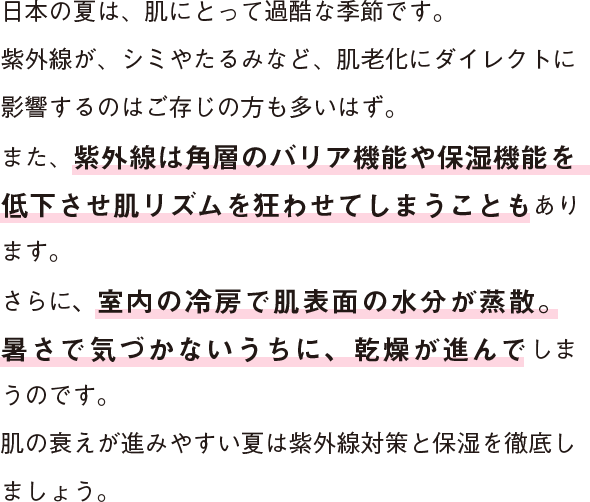 日本の夏は、肌にとって過酷な季節です。紫外線が、シミやたるみなど、肌老化にダイレクトに影響するのはご存じの方も多いはず。また、紫外線は角層のバリア機能や保湿機能を低下させ肌リズムを狂わせてしまうこともあります。さらに、室内の冷房で肌表面の水分が蒸散。暑さで気づかないうちに、乾燥が進んでしまうのです。肌の衰えが進みやすい夏は紫外線対策と保湿を徹底しましょう。