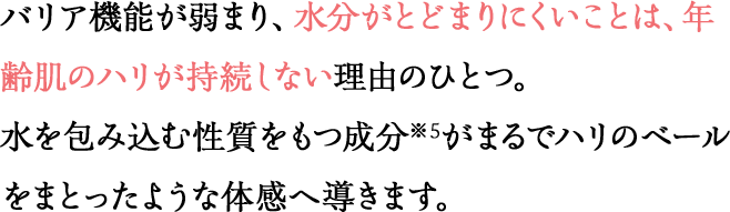 バリア機能が弱まり、水分がとどまりにくいことは、年齢肌のハリが持続しない理由のひとつ。水を包み込む性質をもつ成分がまるでハリのベールをまとったような実感へ導きます。