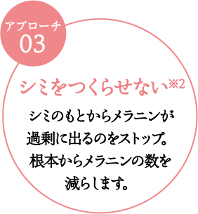 シミをつくらせない※シミの元からメラニンが過剰に出るのをストップ。根本からメラニンの数を減らします。