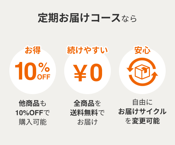 定期お届けコースなら 他商品も10%OFFで購入可能 全商品を送料無料でお届け 自由にお届けサイクルを変更可能